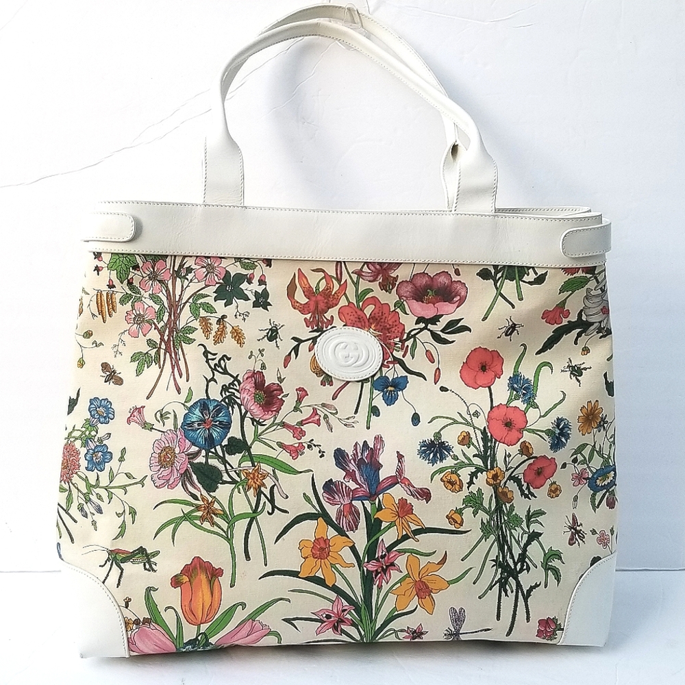 Fabulous  Rare Vintage Gucci  Flora Floral Tote Bag - White and Multicolor - Picture 3 of 16